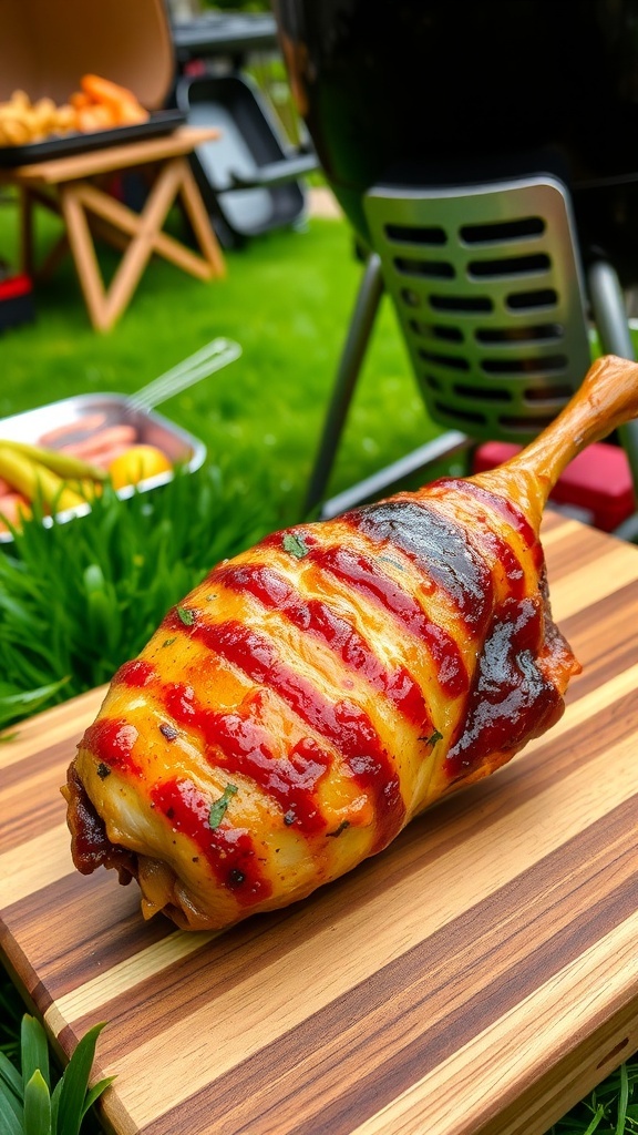 Grilled Chicken Drumsticks on Kamado Grill Grilled chicken drumstick on a wooden board with herbs, Kamado grill in the background.